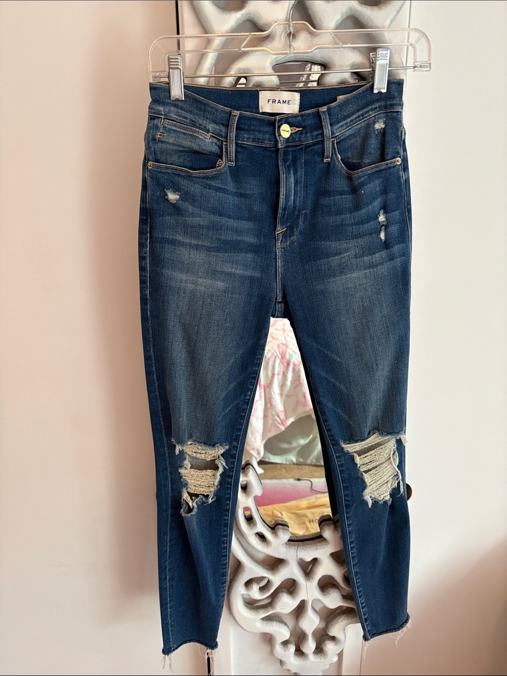 Frame Denim Indigo Distressed Skinny Jeans